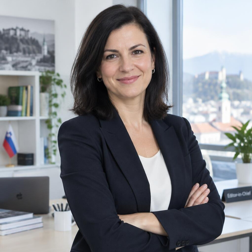 Professional businesswoman with dark hair smiling in an office