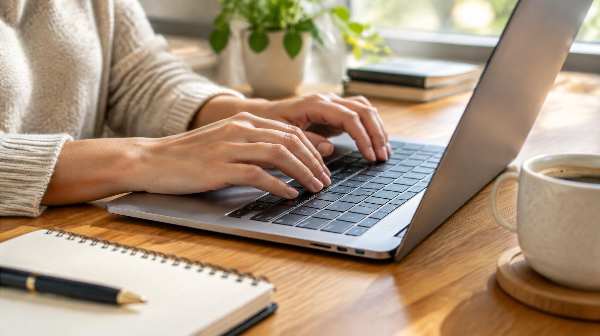 Person typing on laptop at a wooden desk with notebook