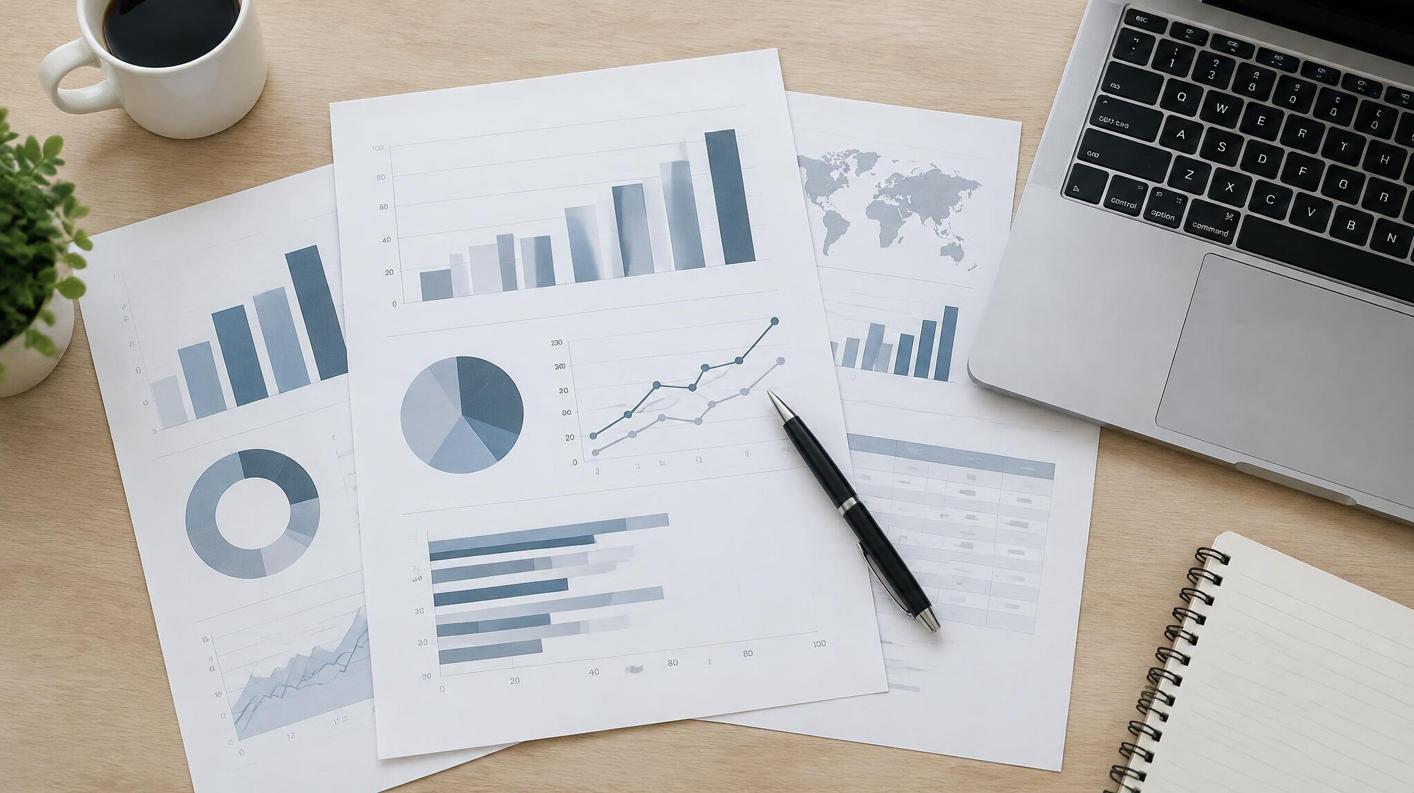 Business documents charts and laptop on a desk