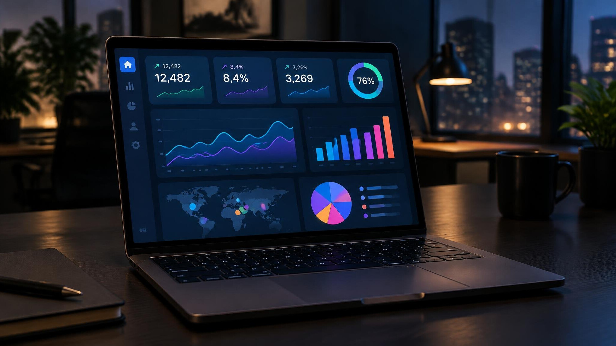 Analytics dashboard with charts on a laptop screen